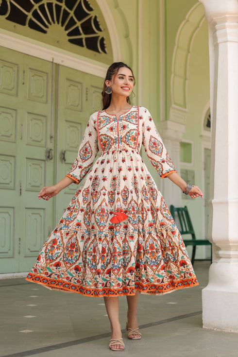 White Printed Fit & Flare Ethnic Dress